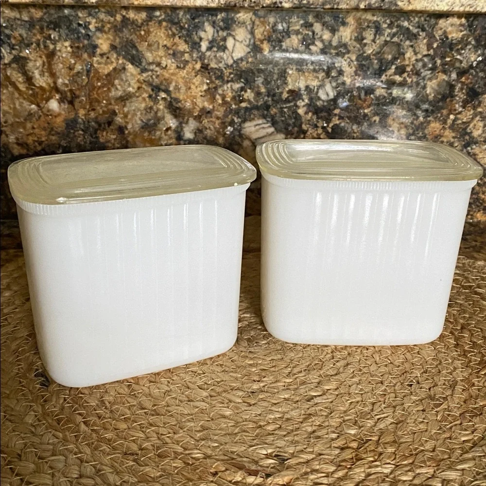 Vintage Hazel Atlas milk glass refrigerator dishes with plastic lids 40’s-60’s